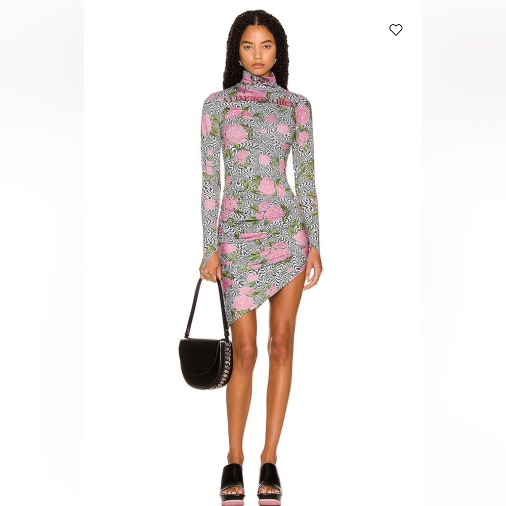 Floral Long-Sleeve Pink Midi Dress with Turtleneck